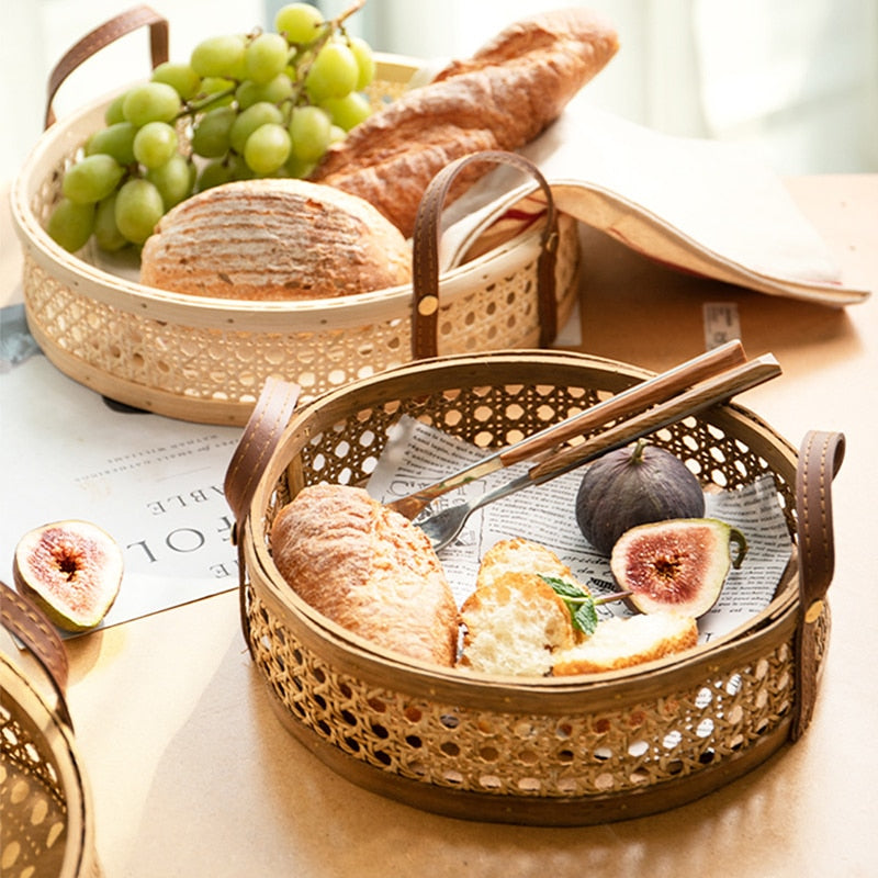 Hand-Woven Round Rattan Storage Basket Wicker Plate Fruit Snacks