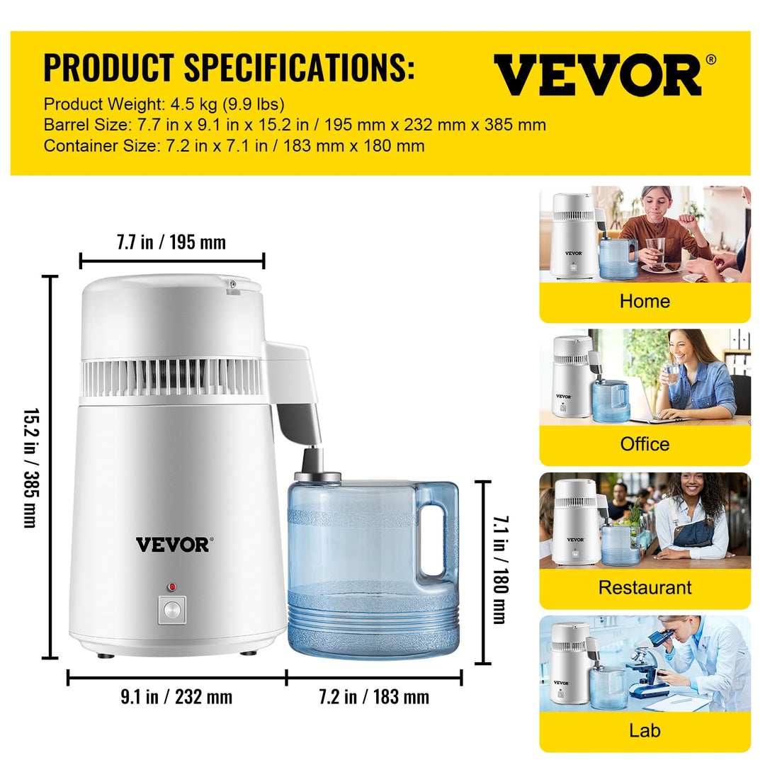 VEVOR Water Distiller Purifier Filter Dispenser Heating Drinking Bottle