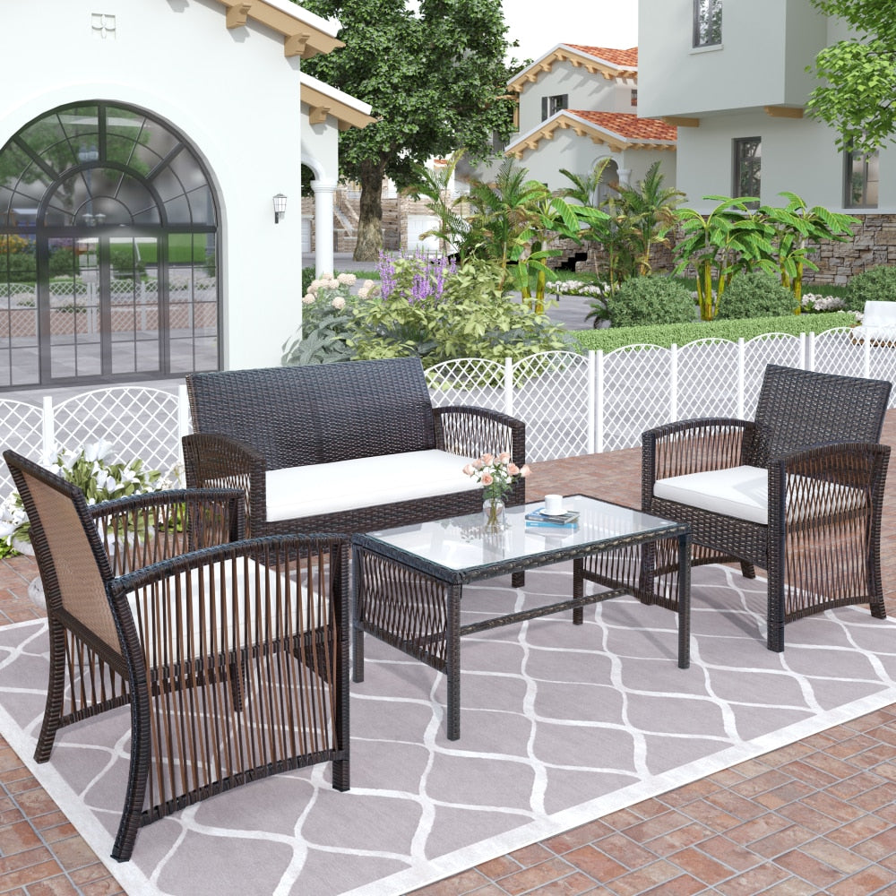 Outdoor Patio Furniture Set 3 Rattan Chair Sofa &1 Coffee Table for Garden